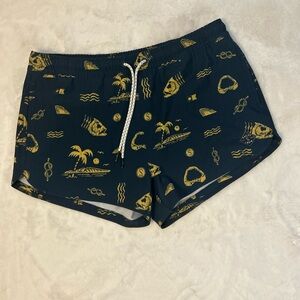 Salty Crew Swim Shorts Blue Gold Tropical Print Drawstring Beach Board Shorts M